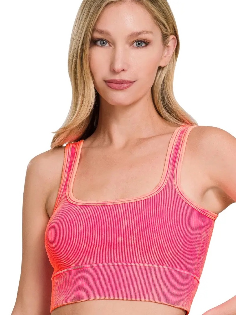 Zenana Neon Coral Fuchsia Ribbed Square Neck Cropped Bra Small/Medium